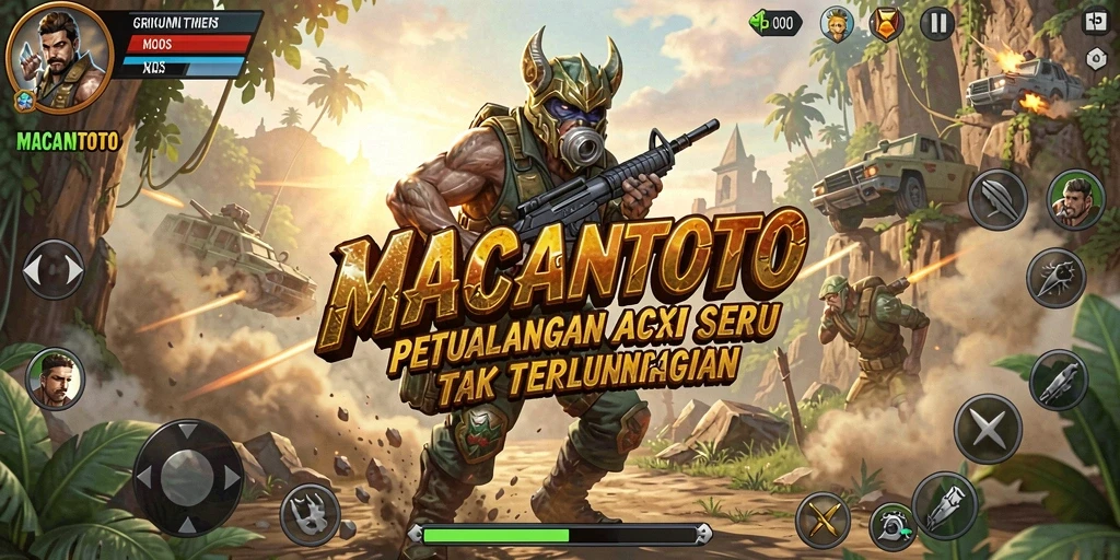 Screenshot utama <strong>MACANTOTO</strong> menampilkan aksi seru dan lingkungan yang menakjubkan.